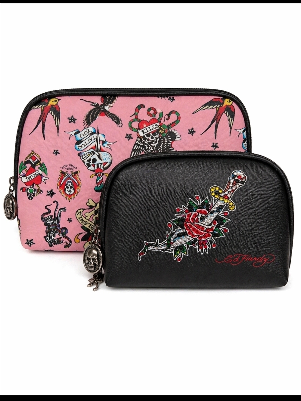 Ed Hardy Pink & Black Tattoo Print Cosmetic Pouch Set